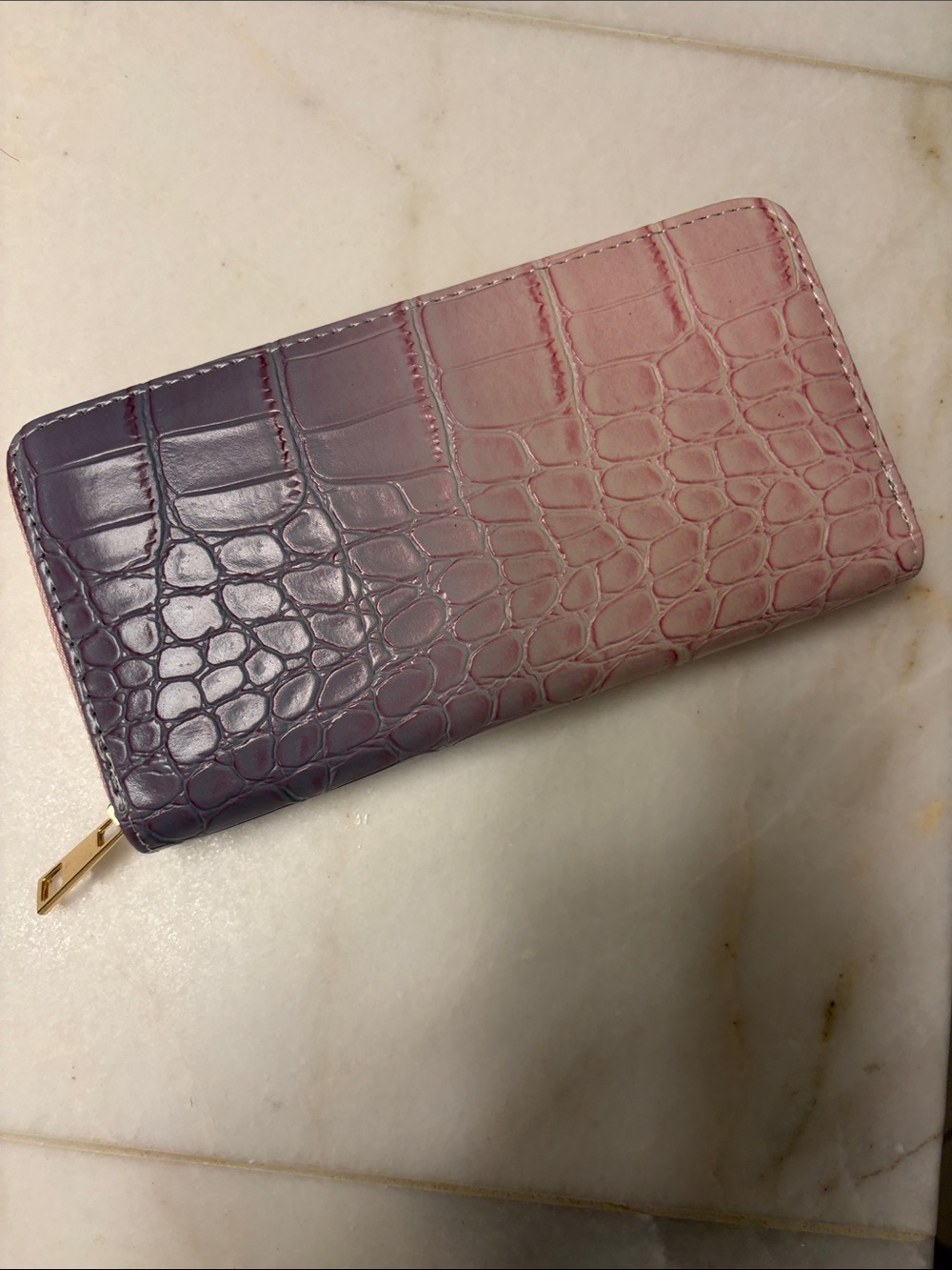 Ombre Croc-Effect Zip Wallet in Pink and Lavender